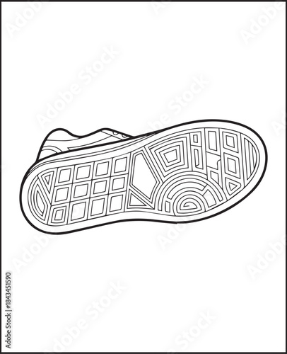 Stylish and fashionable sneaker bottom view black line art vector illustration coloring page design for kids and adults