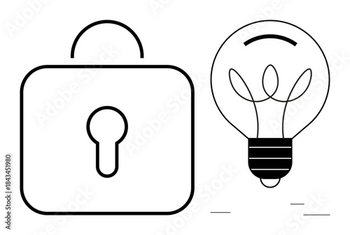 Security, innovation, intellectual property, encryption, idea protection, and data safety. A black lock and light bulb illustration. Security and innovation with minimalistic symbols