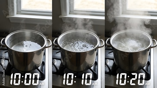 Progression of Boiling Water in a Metal Pot.