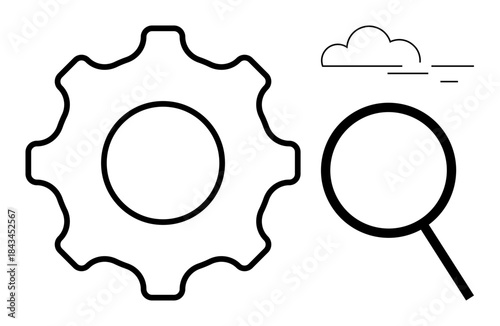 Gear, magnifying glass, and cloud outline emphasizing process refinement, cloud technologies, and data inspection. Ideal for technology, innovation, research, efficiency problem-solving system