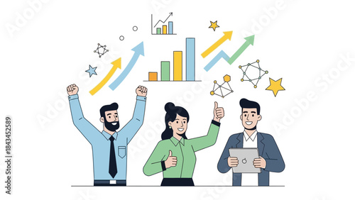 Business people celebrating success. Team of three cartoon characters. Man and woman with arms raised. Business growth graph and chart icons. Vector illustration on white background.