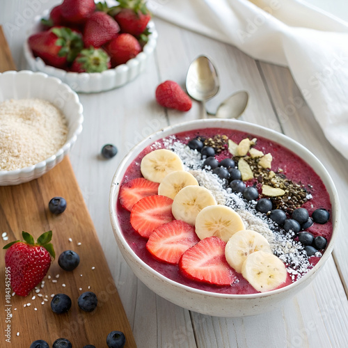 a vibrant smoothie bowl with blended acai topped