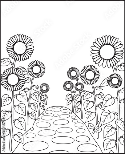 Beautiful sunflower black outline hand-drawn vector artwork, Relaxing coloring page or book design for kids and adults