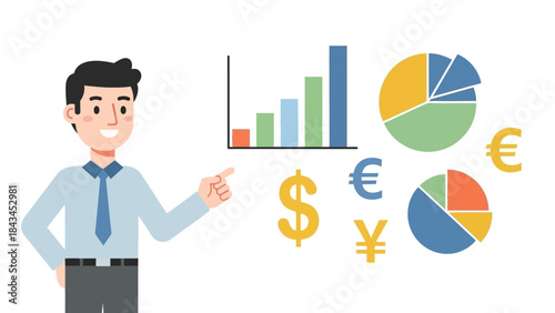 Businessman presenting financial charts and graphs. Vector illustration of man pointing at bar chart and pie charts. Financial symbols and currency signs. Business and finance concept.