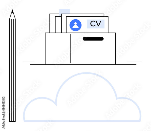 CV storage concept. A box holding digital resumes with a cloud icon online storage. Ideal for HR systems, recruitment platforms, career management, digital archiving, and cloud technology
