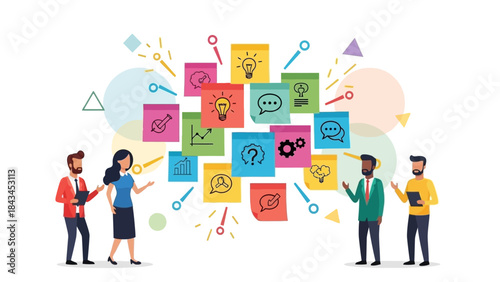Flat design people communicating. Teamwork and collaboration. Business concept illustration. Colorful icons and symbols. Vector graphic on white background. Modern simple style. Team