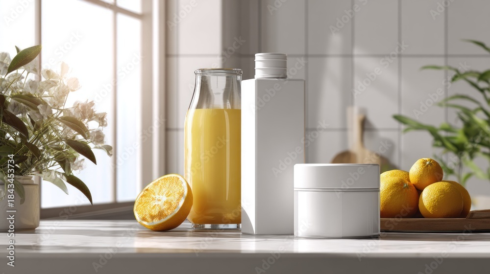 Fototapeta premium Fresh juice and skincare products on countertop