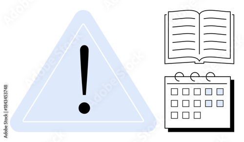 Exclamation in warning triangle next to open book and calendar. Ideal for caution, education, planning, scheduling, time management, reminders, or safety. A simple flat metaphor
