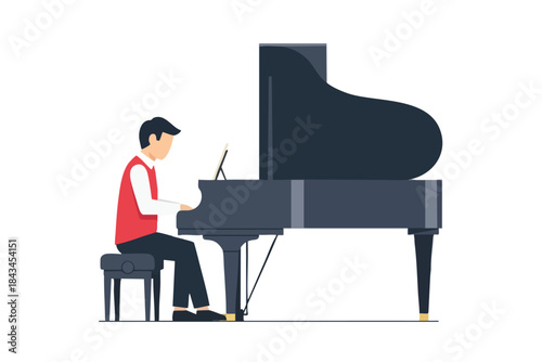 A man in a red vest plays a grand piano with music notes, on white background