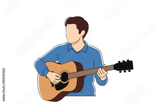 A faceless figure in blue shirt plays an acoustic guitar. White background