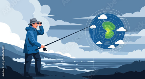 Man fishing for weather forecast data on globe.