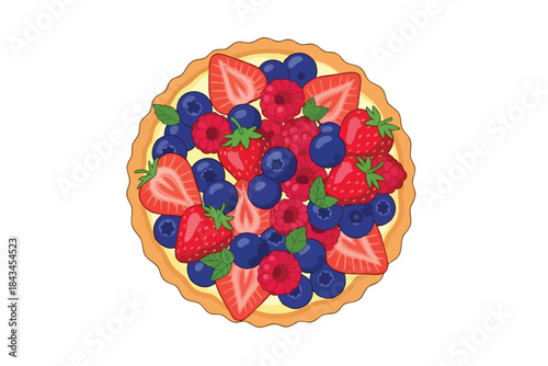 A cartoon fruit tart featuring fresh strawberries, blueberries, and raspberries