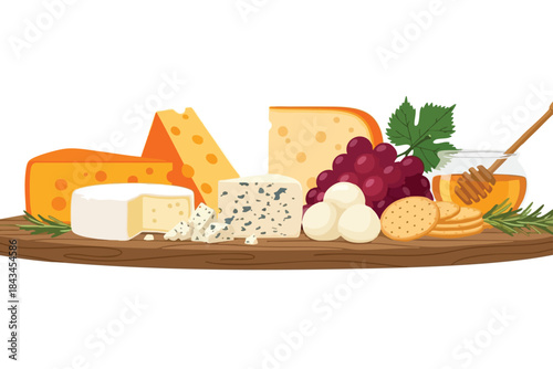 A vibrant food arrangement featuring an assortment of cheeses, grapes, crackers, and honey