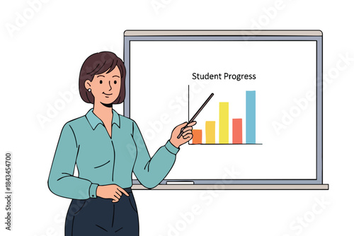 A woman in a shirt points at a student progress bar graph on a whiteboard