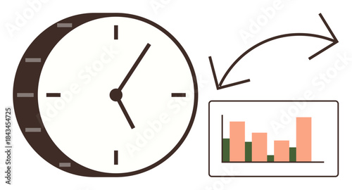 Clock representing time, bar graph showing statistics, with arrows indicating workflow. Ideal for productivity, efficiency, business, workflow, time tracking, analysis simple flat metaphor