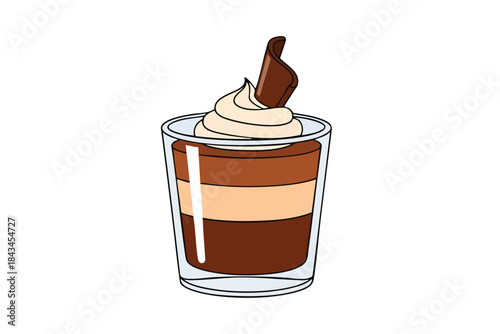A layered dessert in a glass topped with whipped cream and a chocolate garnish