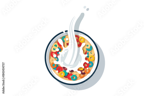 Illustration of a cereal bowl with milk pouring in. Ring-shaped cereal. White background