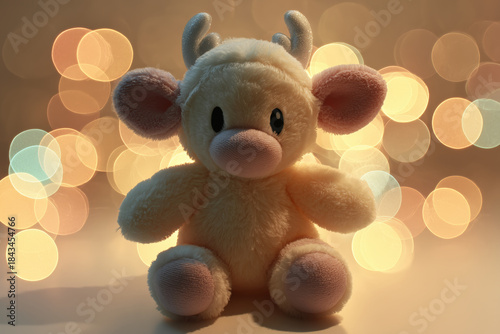 xmas sweet sitting reindeer with bokeh lights in background, toy, puppet, celebrate, christmas, x-mas, noel, nativity, holiday, photorealistic
