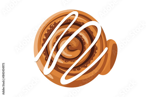 A warm, delicious cinnamon roll with white icing, in a simple, flat design