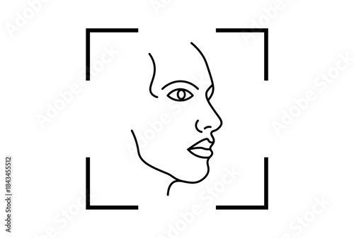 Facial recognition scan icon, profile view of a human face inside a targeting frame, outline vector illustration