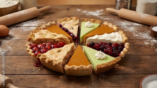 Colorful Cheesecake Slices on Wooden Table.