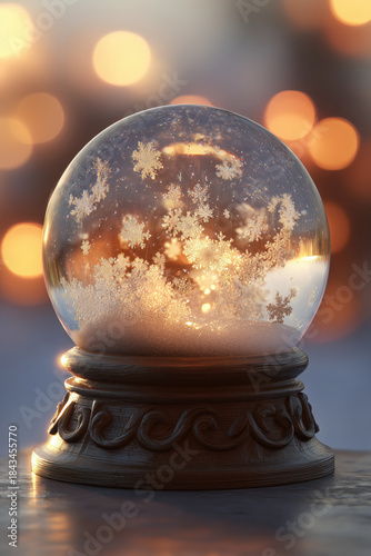 xmas snow globe with snow flakes and bokeh lights in background, celebrate, christmas, x-mas, noel, nativity, holiday, portrait format, photorealistic