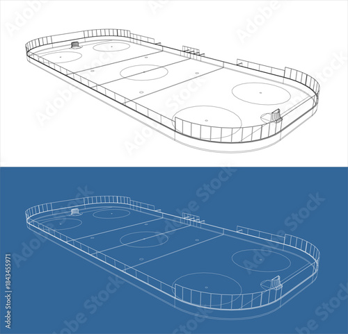 Diagonal High Angle Perspective of Ice Hockey Rink Wireframe Design
