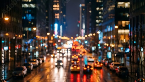 City Street at Night with Bright Lights and Moving Vehicles.