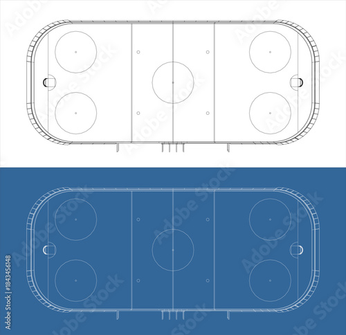 Top View Plan of Ice Hockey Rink Wireframe Outline Blueprint