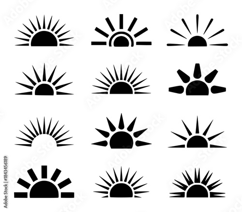 Collection of stylized sunrise and sunset icons with radiating sun rays