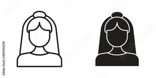 Bride icons. Solid black silhouette and line art outline. Minimal design element,