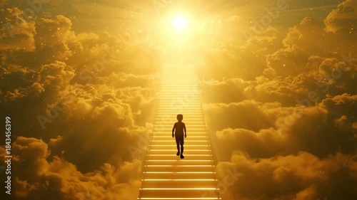 Silhouette of person walking up staircase through golden clouds toward bright sunlit sky