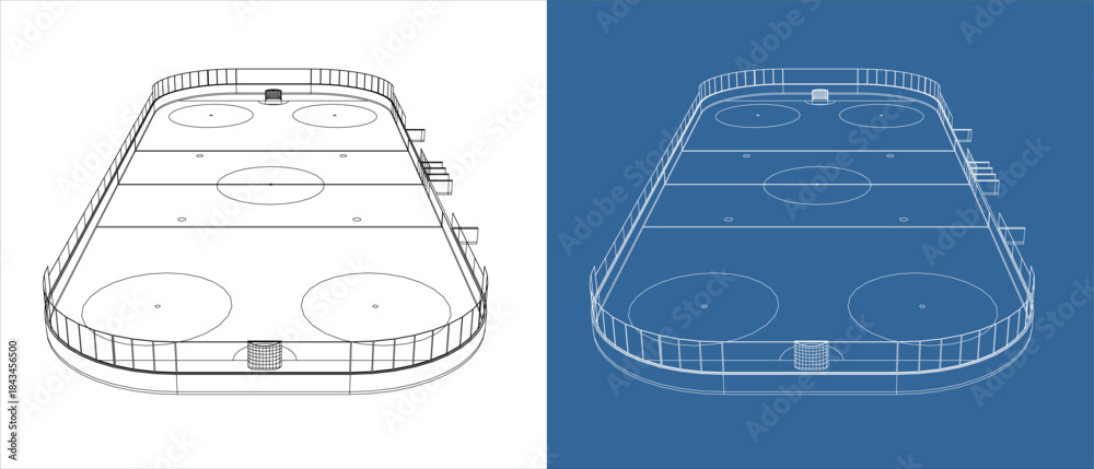 Obraz premium Front View Low Angle Perspective of Ice Hockey Rink Wireframe Blueprint