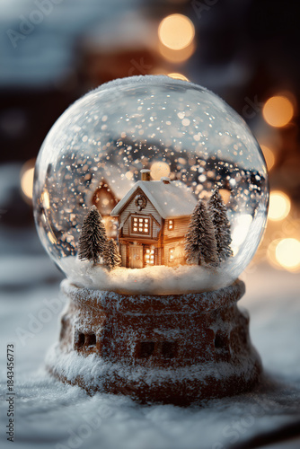 xmas snow globe with tiny house, trees and snow flakes against bokeh lights in background, celebrate, christmas, x-mas, noel, nativity, holiday, portrait format, photorealistic