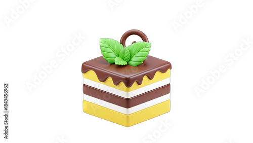 3D Cake with Mint Leaves on White Background