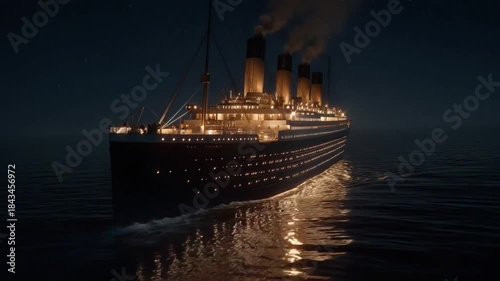 RMS Titanic at Sea: A majestic ocean liner gracefully navigates the open sea under the cloak of night, its lights illuminating the dark waters and sky above.