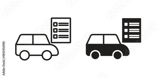 Car repair check list icons. Solid black silhouette and line art outline. Minimal design element,