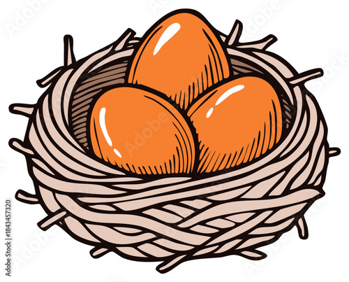 A clutch of three orange eggs resting in a woven bird nest illustration