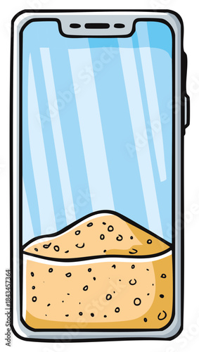Cartoon Mobile Phone Displaying Digital Sand Timer Concept for Time and Technology