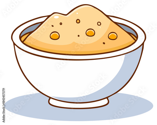 Simple cartoon illustration of a white bowl with creamy mashed food