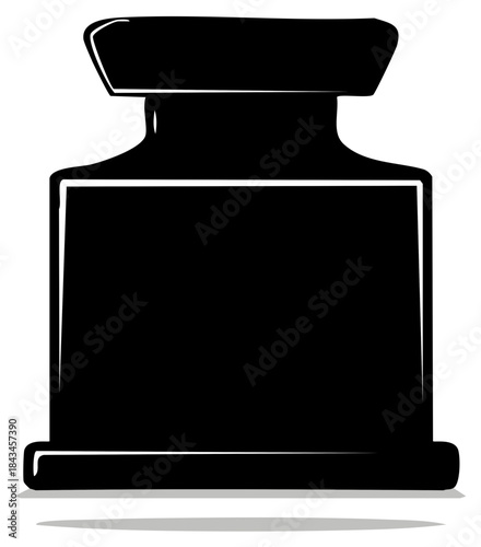 Ink bottle illustration, black and white outline, isolated design element.