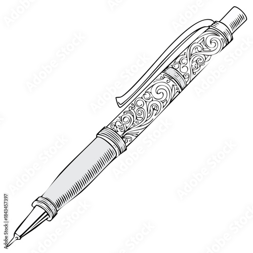 Ornate vintage ballpoint pen with decorative scrollwork engraving. Hand drawn line art vector illustration.