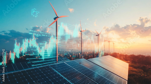 Renewable energy landscape showcasing solar panels and wind turbines at sunset with financial graphs in the background
