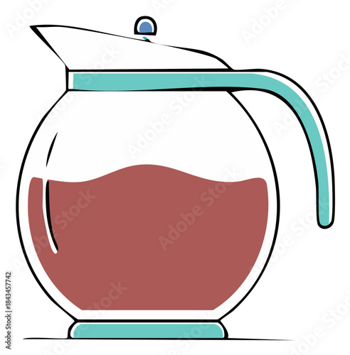 Clear glass coffee carafe with red liquid and teal accents