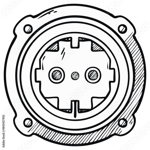 Electrical Outlet Sketch Illustration, Industrial Plug Socket Drawing, Power Receptacle Line Art, Wiring Installation Symbol