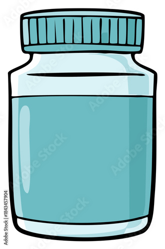 Simple drawing of a blue glass jar with a ridged lid filled with light blue liquid