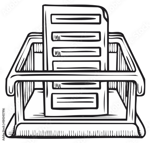 Hand drawn illustration of a document rack holding files and papers with horizontal lines