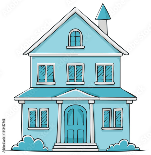 Blue two story home with an arched door, white trim, columns, and shrubs