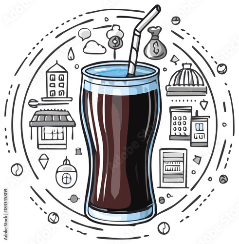 Cartoon glass of dark beverage with straw surrounded by urban city life doodles and icons.