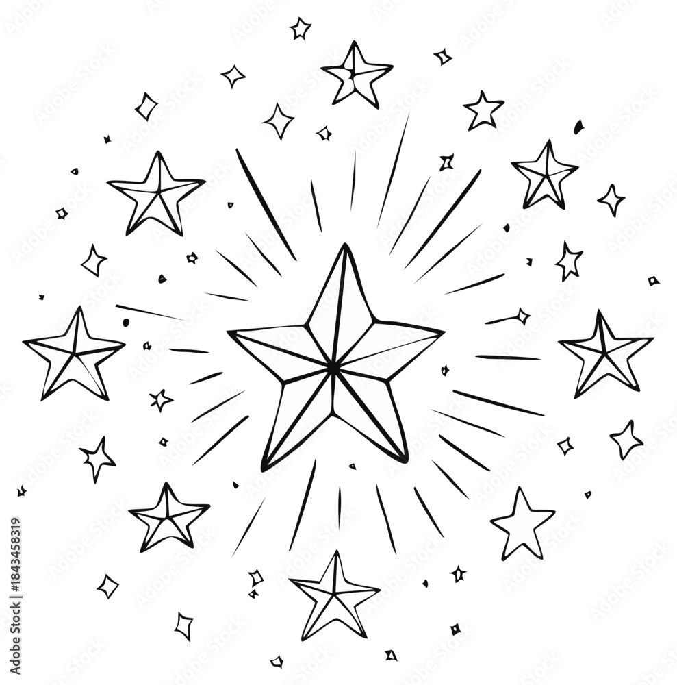 Fototapeta premium Hand drawn doodle illustration of a large shining starburst surrounded by smaller stars
